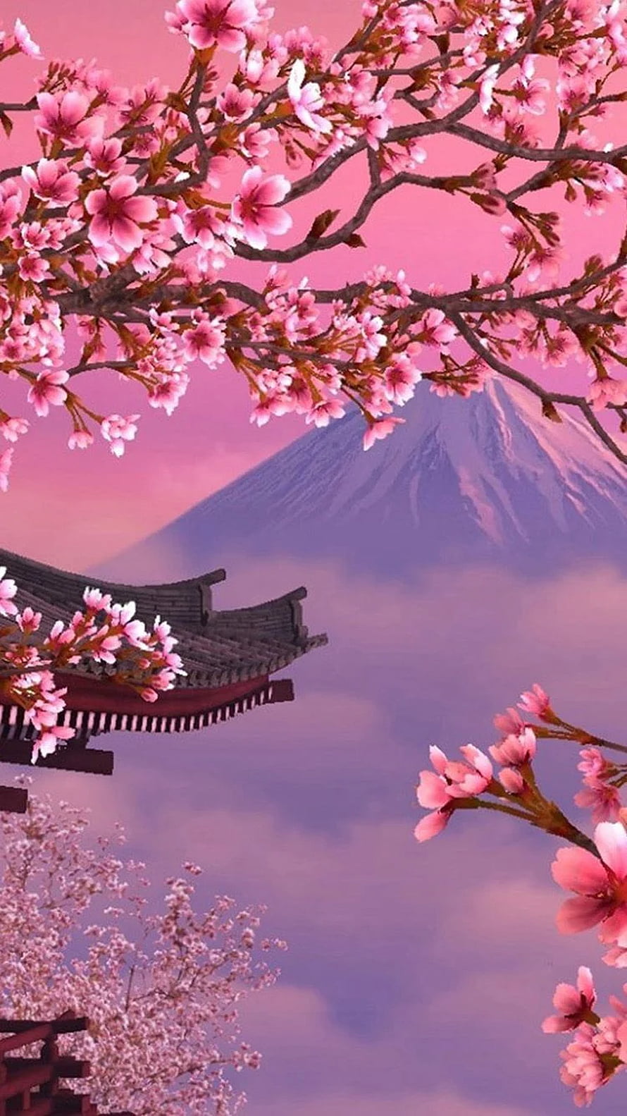 Cherry Blossoms and Mount Fuji with Traditional Japanese Temple Roof in Pastel Pink Sky HD phone wallpaper