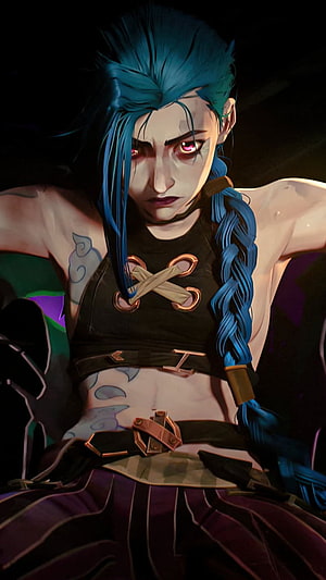 Jinx from Arcane with blue braided hair and glowing red eyes in a dark moody portrait HD phone wallpaper