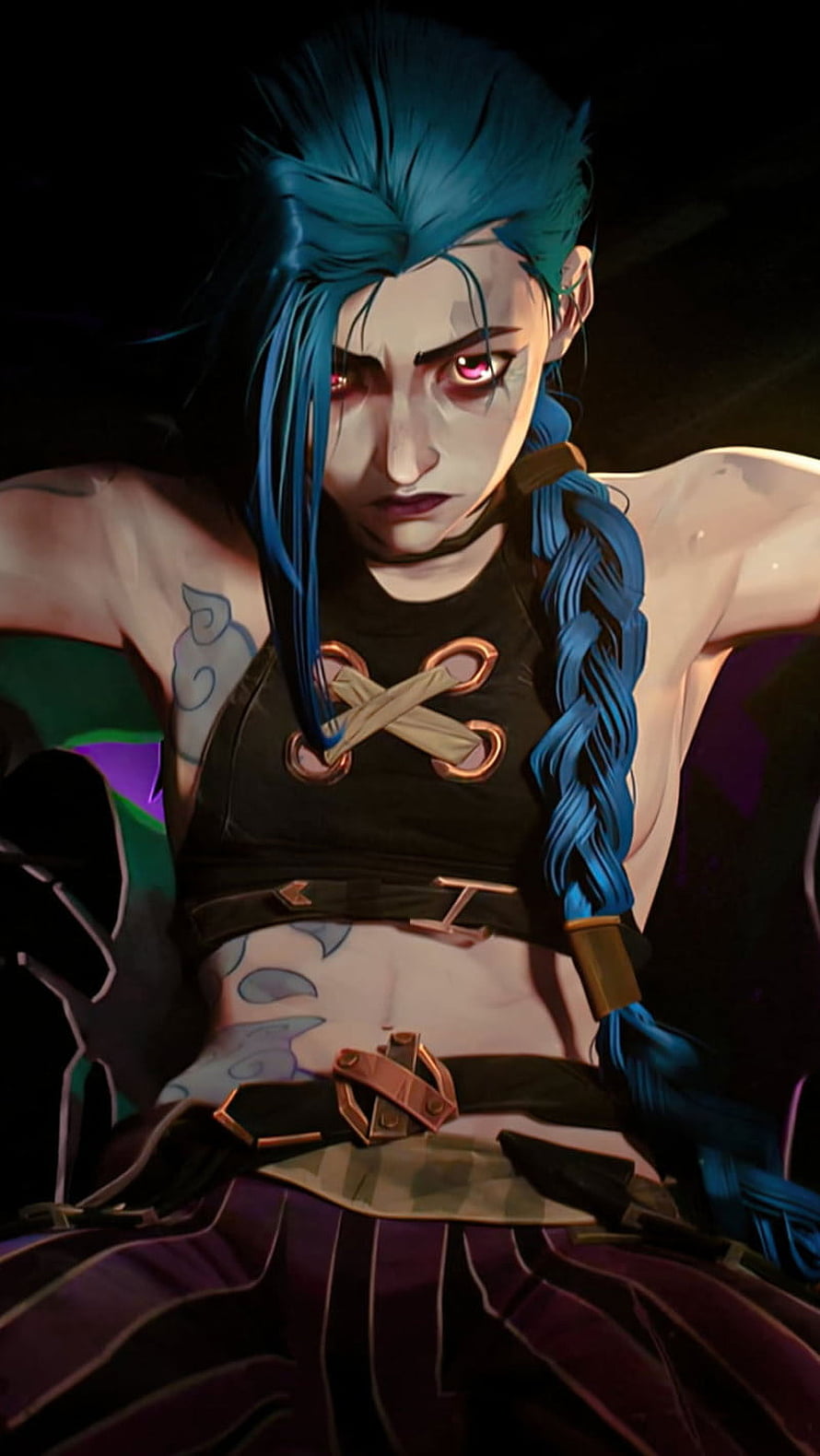 Jinx from Arcane with blue braided hair and glowing red eyes in a dark moody portrait HD phone wallpaper