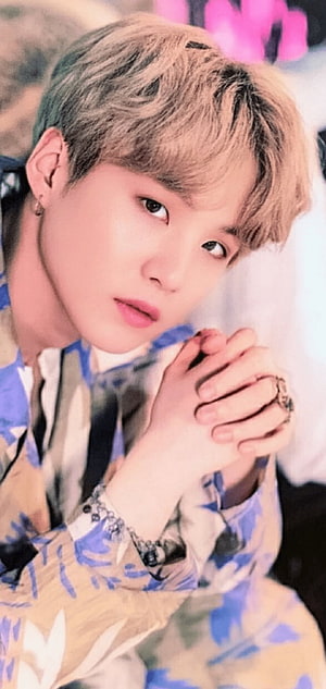 BTS Suga Portrait in Floral Shirt with Soft Lighting and Intense Gaze HD phone wallpaper