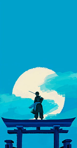 Silhouette of a Samurai Warrior Standing on a Torii Gate Against a Giant Moon HD phone wallpaper