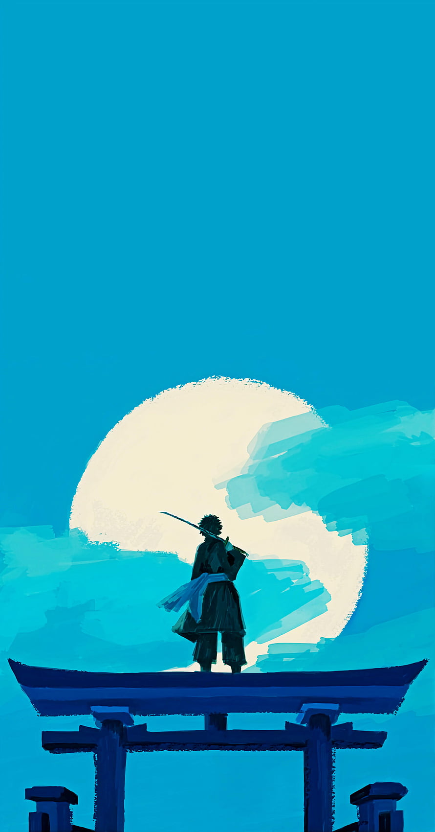 Silhouette of a Samurai Warrior Standing on a Torii Gate Against a Giant Moon HD phone wallpaper