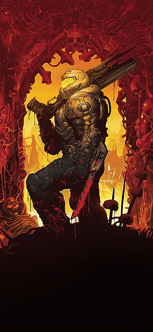 Doom Slayer in Hellish Landscape with Chainsaw and Shotgun HD phone wallpaper
