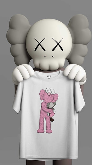 KAWS Companion Character Holding White T-Shirt with Pink Furry Design HD phone wallpaper