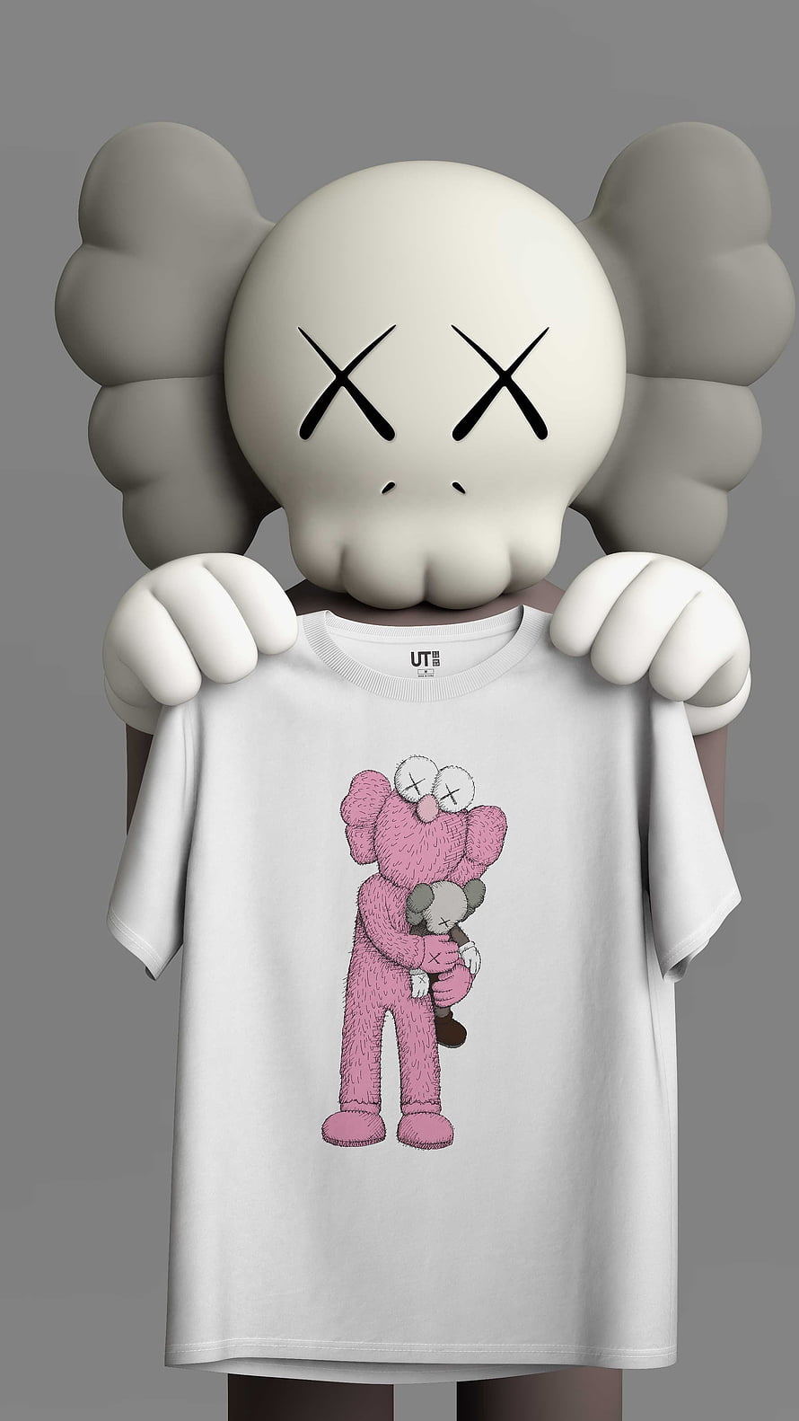 KAWS Companion Character Holding White T-Shirt with Pink Furry Design HD phone wallpaper