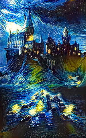 Hogwarts Castle at Night in Van Gogh Impressionist Style with Swirling Starry Sky HD phone wallpaper