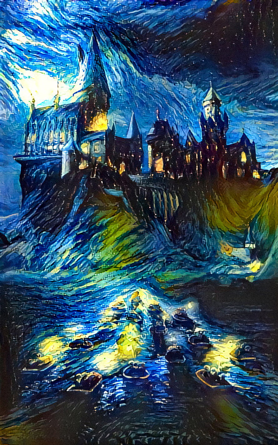 Hogwarts Castle at Night in Van Gogh Impressionist Style with Swirling Starry Sky HD phone wallpaper