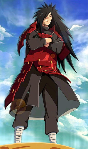Madara Uchiha in Red Armor Standing Against a Cloudy Sky HD phone wallpaper