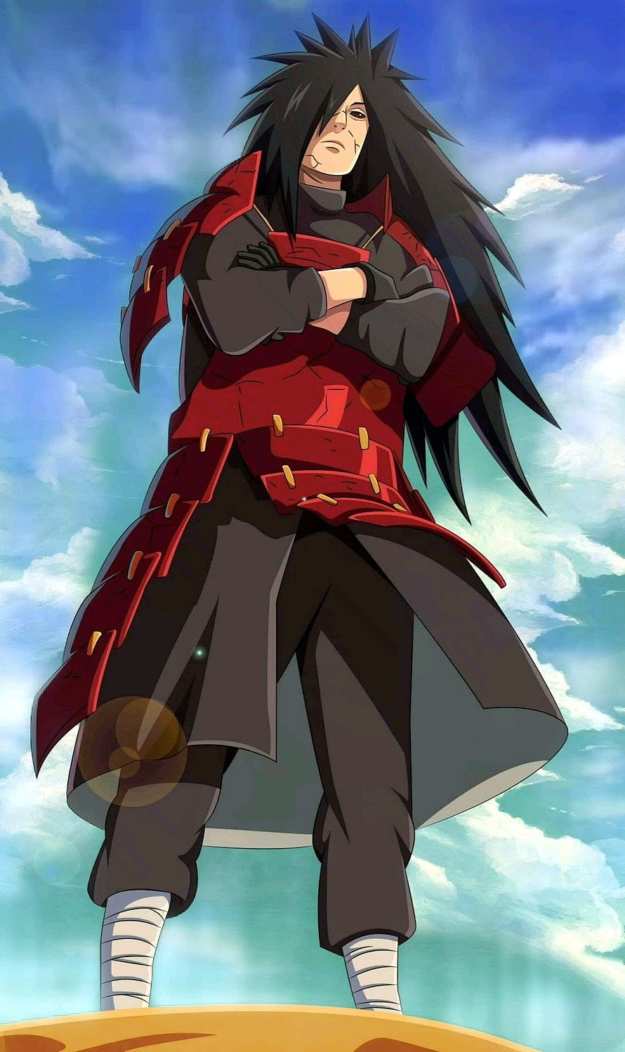 Madara Uchiha in Red Armor Standing Against a Cloudy Sky HD phone wallpaper