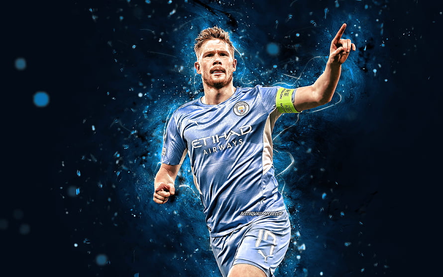 Kevin De Bruyne Manchester City Soccer Player Blue Jersey Dynamic Action Wallpaper, Kevin De Bruyne, , 2022, Manchester City FC, blue neon lights, De Bruyne, belgian footballers, soccer, Premier League, football, Man City, Kevin De Bruyne , Kevin De Bruyne Manchester City HD wallpaper