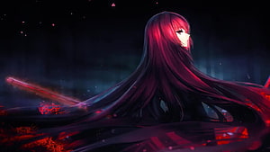 Anime Girl With Long Red Hair And Glowing Sword In Dark Fantasy Setting HD wallpaper