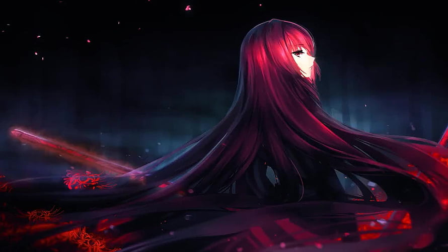 Anime Girl With Long Red Hair And Glowing Sword In Dark Fantasy Setting HD wallpaper