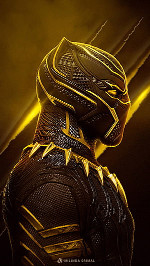 Black Panther Golden Armor Concept Art with Dramatic Yellow Lighting HD phone wallpaper