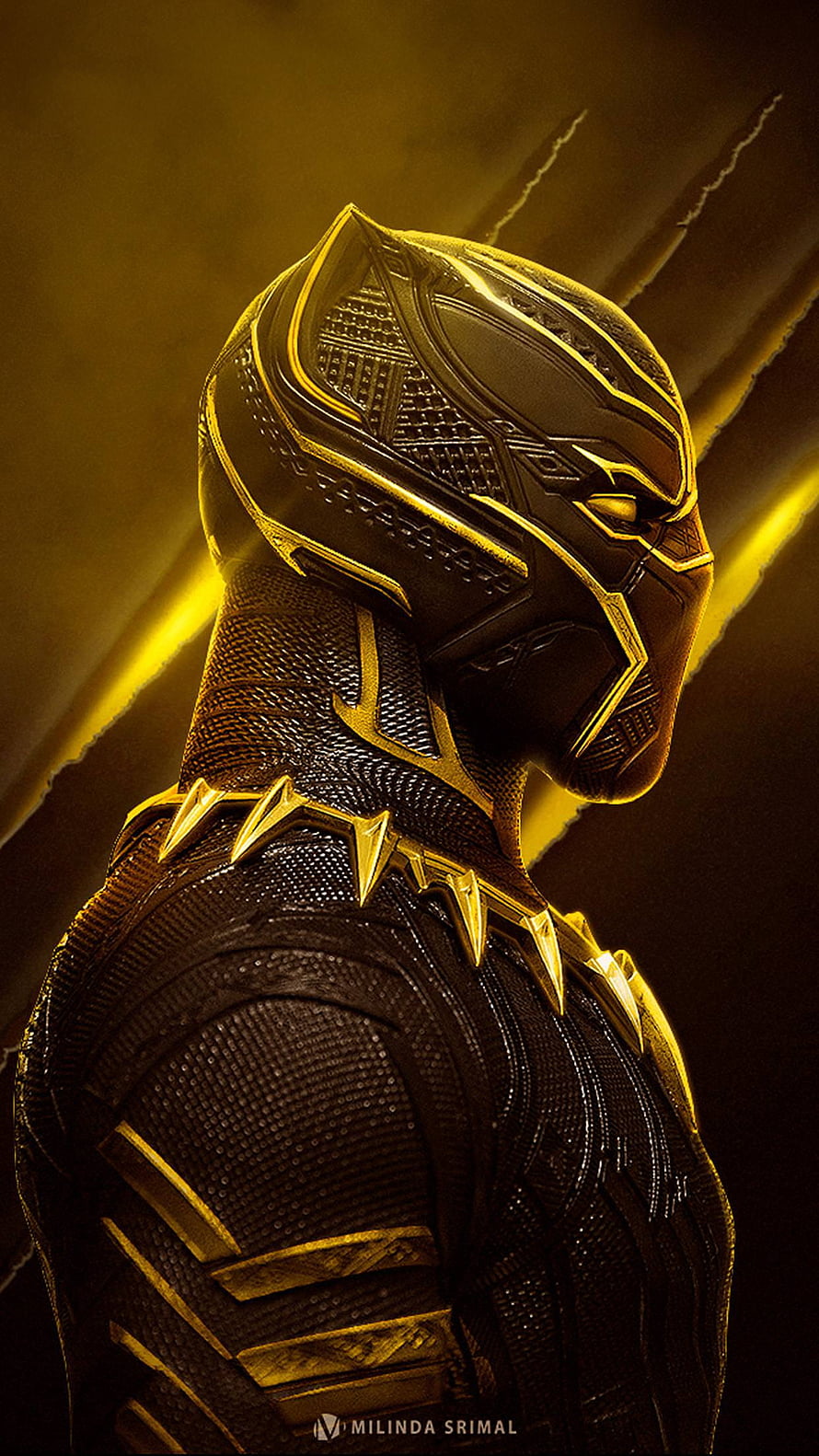 Black Panther Golden Armor Concept Art with Dramatic Yellow Lighting HD phone wallpaper