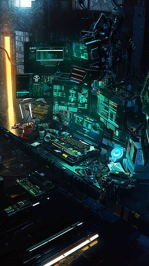 Dark Cyberpunk Hacker Room with Glowing Green Monitors and Cluttered Tech Workstation HD phone wallpaper