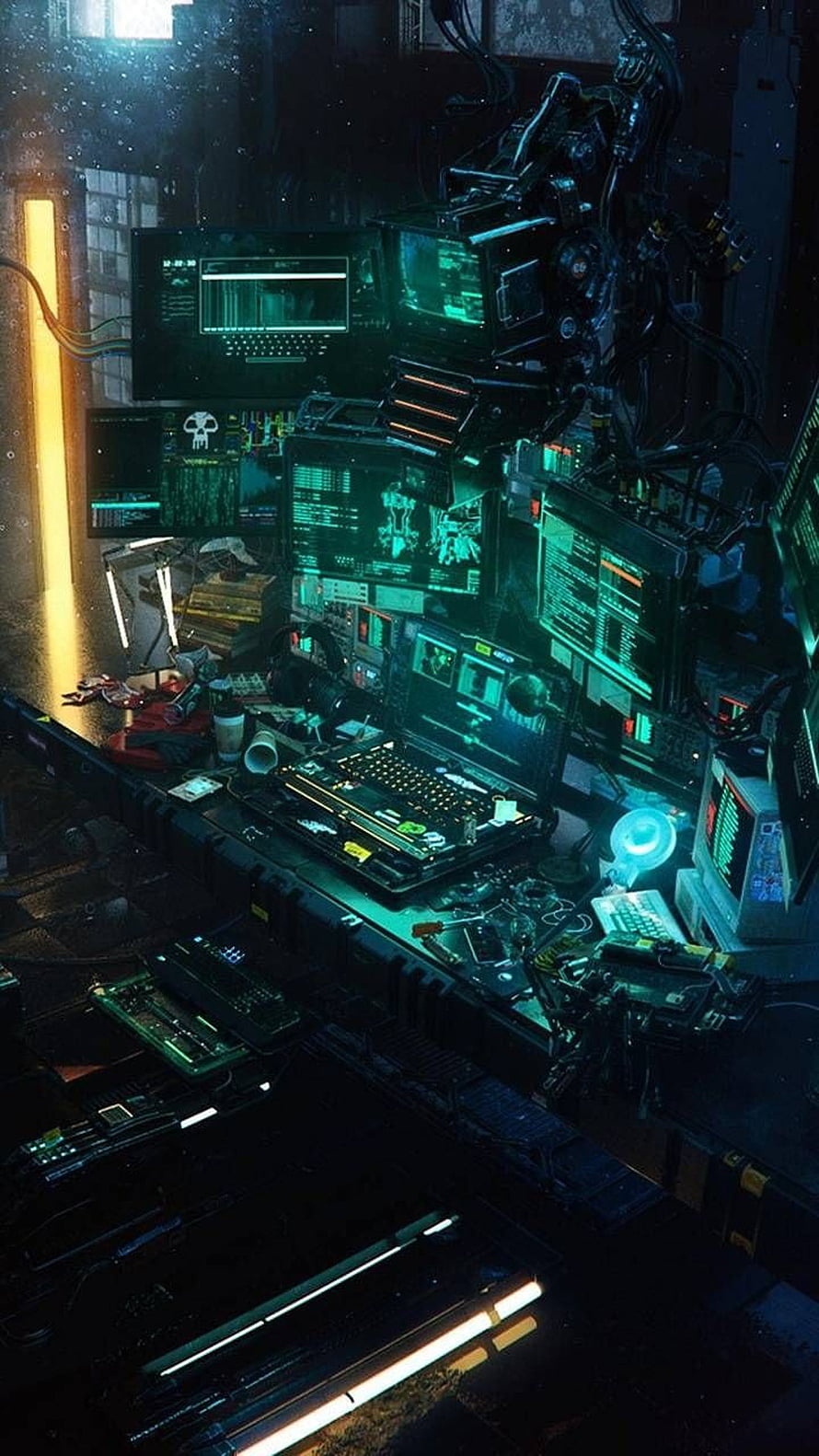 Dark Cyberpunk Hacker Room with Glowing Green Monitors and Cluttered Tech Workstation HD phone wallpaper