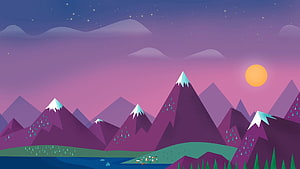 Minimalist Vector Mountain Landscape at Twilight with Snow-Capped Peaks and Lake HD wallpaper