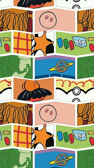 Toy Story Character Pattern Wallpaper with Star Badge and Planet Motifs HD phone wallpaper