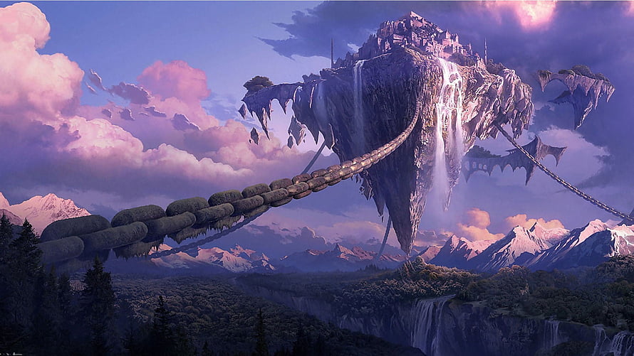 Fantasy Floating Island with Waterfalls and Stone Bridge Over Mountain Valley HD wallpaper