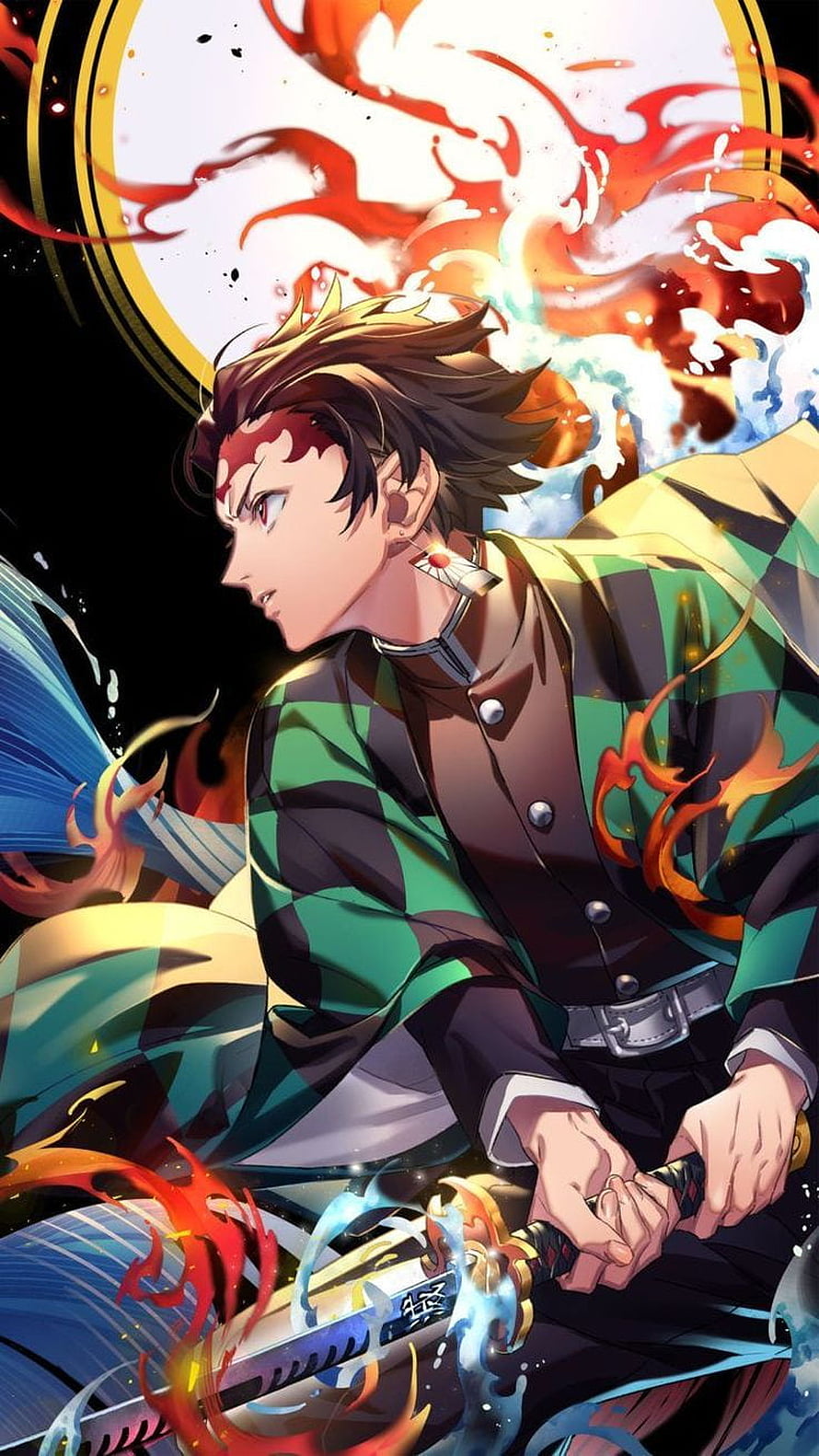 Tanjiro Kamado from Demon Slayer wielding his sword with fire and water effects in anime style HD phone wallpaper