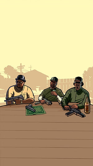 Cartoon Illustration of Three Men with Guns at a Table HD phone wallpaper