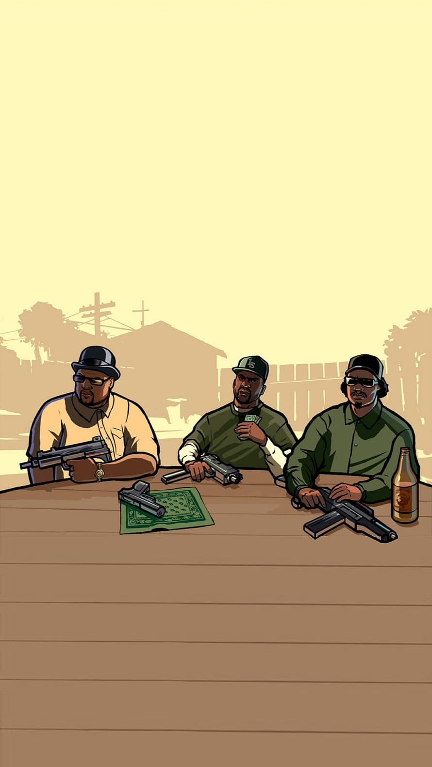 Cartoon Illustration of Three Men with Guns at a Table HD phone wallpaper