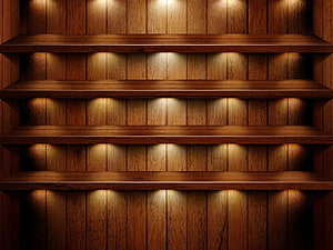 Warmly Lit Empty Wooden Shelves Against a Vertical Plank Wall HD wallpaper