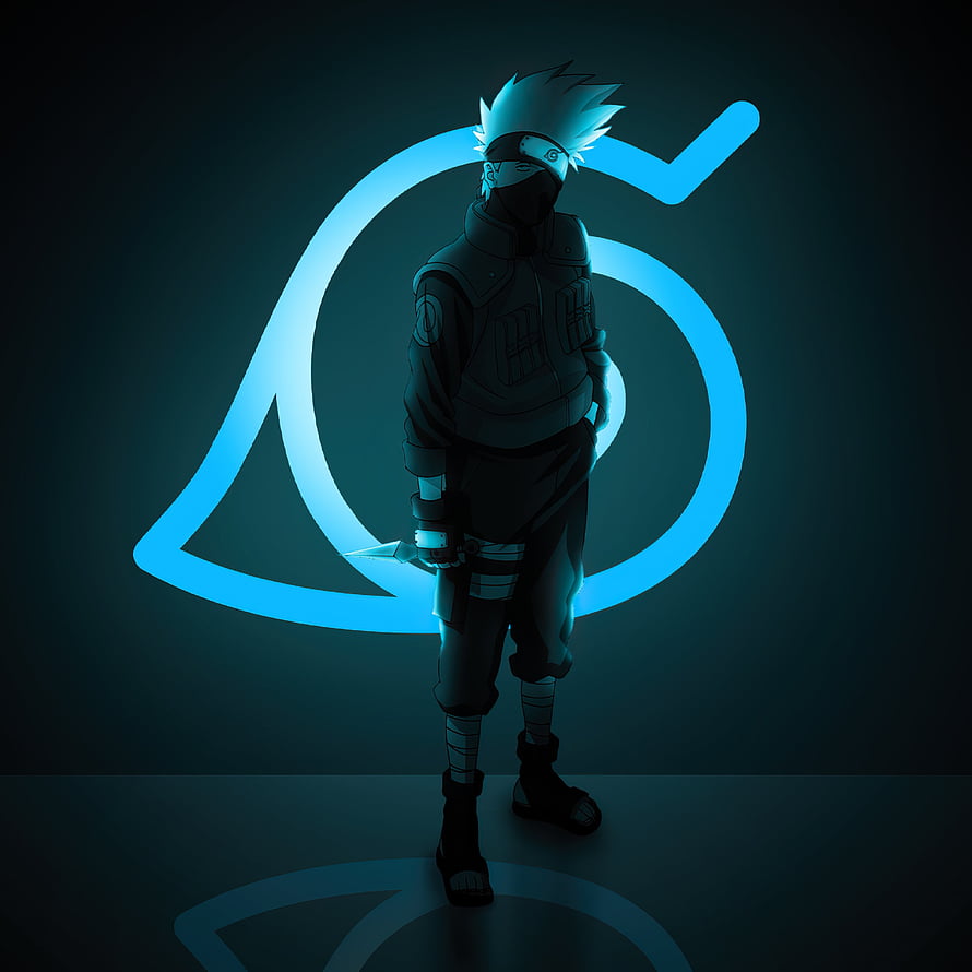 Kakashi Hatake Naruto Anime Character With Blue Neon Leaf Village Symbol Background HD phone wallpaper