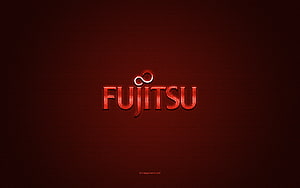Fujitsu metallic logo on dark red carbon fiber background with glossy emblem design HD wallpaper