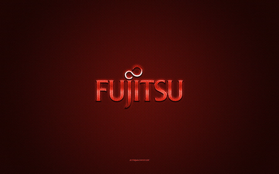 Fujitsu metallic logo on dark red carbon fiber background with glossy emblem design HD wallpaper