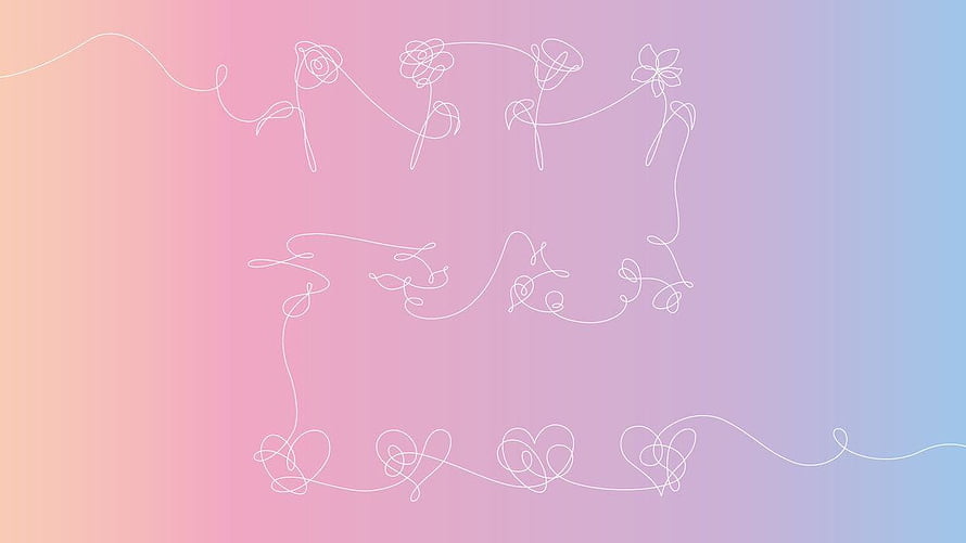 Pastel Gradient Background with White Line Art Floral and Heart Motifs HD wallpaper