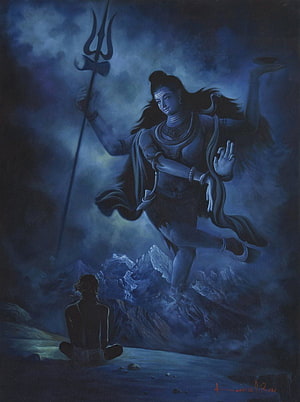 Lord Shiva Dancing With Trishul Over Meditating Devotee In Blue Night HD phone wallpaper