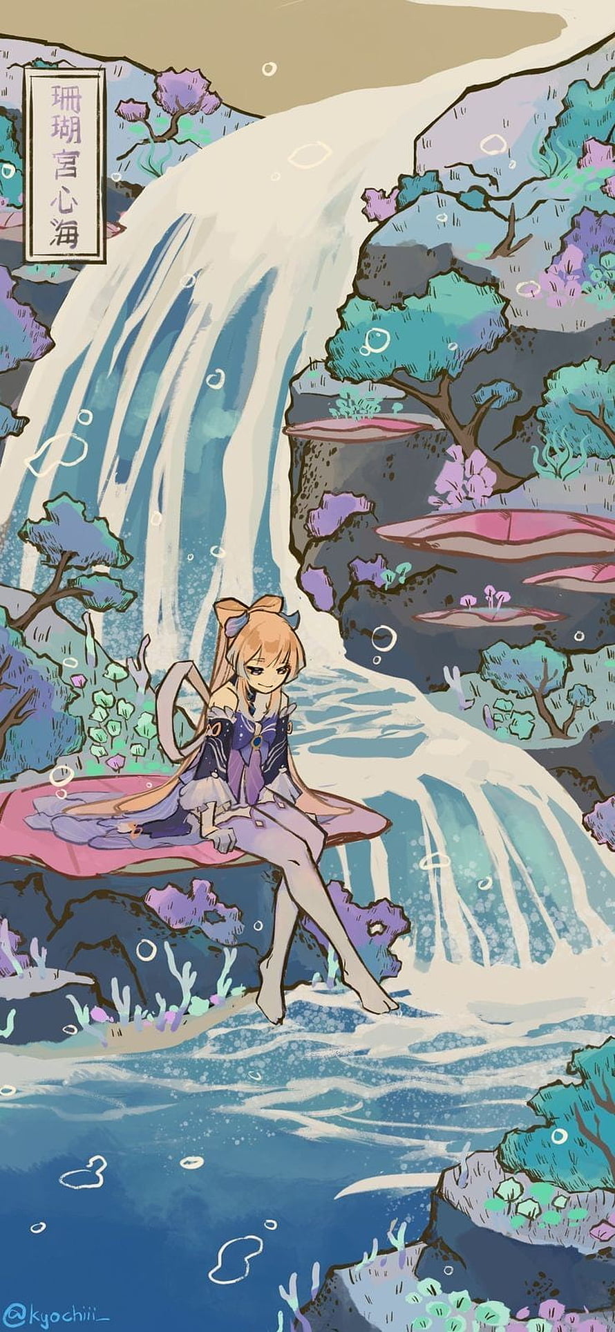 Anime girl with blonde hair sitting on a rock by a waterfall in a fantasy landscape HD phone wallpaper