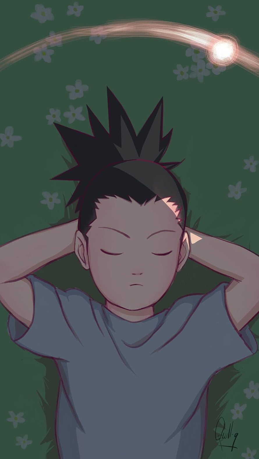 Shikamaru Nara Resting Peacefully Under a Glowing Arc in a Flower-Filled Field HD phone wallpaper