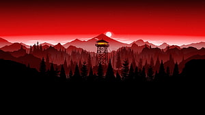 Firewatch Fire Tower Silhouette Against Crimson Mountain Skyline at Dusk HD wallpaper