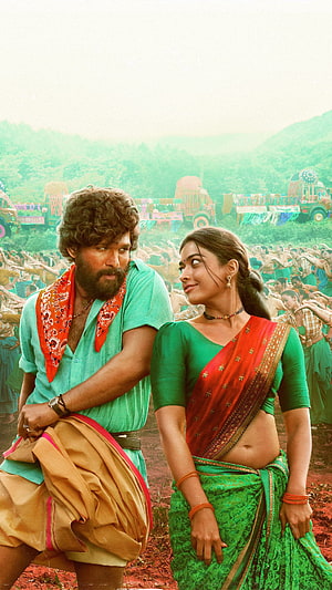 Alluri Sitarama Raju and Bhadrakali in vibrant traditional attire amidst a festive rural celebration HD phone wallpaper