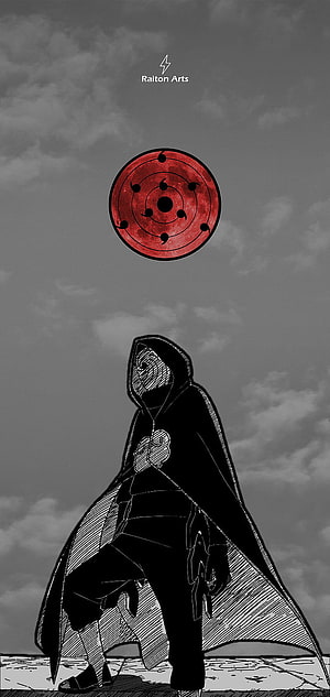 Obito Uchiha in Akatsuki Cloak with Red Sharingan Eye Against Grey Sky HD phone wallpaper