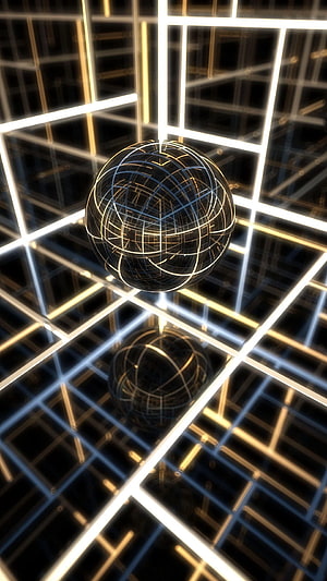 Glowing Wireframe Sphere Floating in a Neon Grid Cube with Reflections HD phone wallpaper