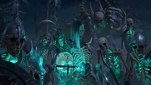 Diablo 4 Necromancer Leading an Army of Undead Skeletons in Dark Fantasy HD wallpaper