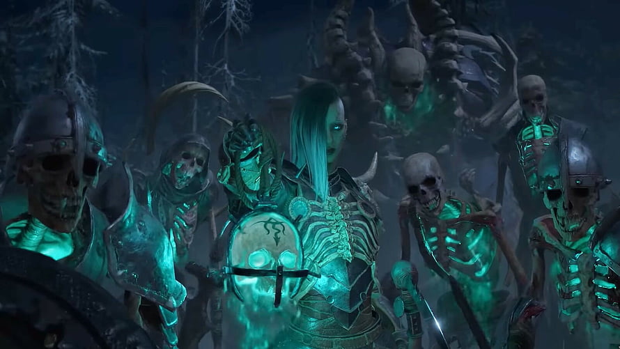 Diablo 4 Necromancer Leading an Army of Undead Skeletons in Dark Fantasy HD wallpaper