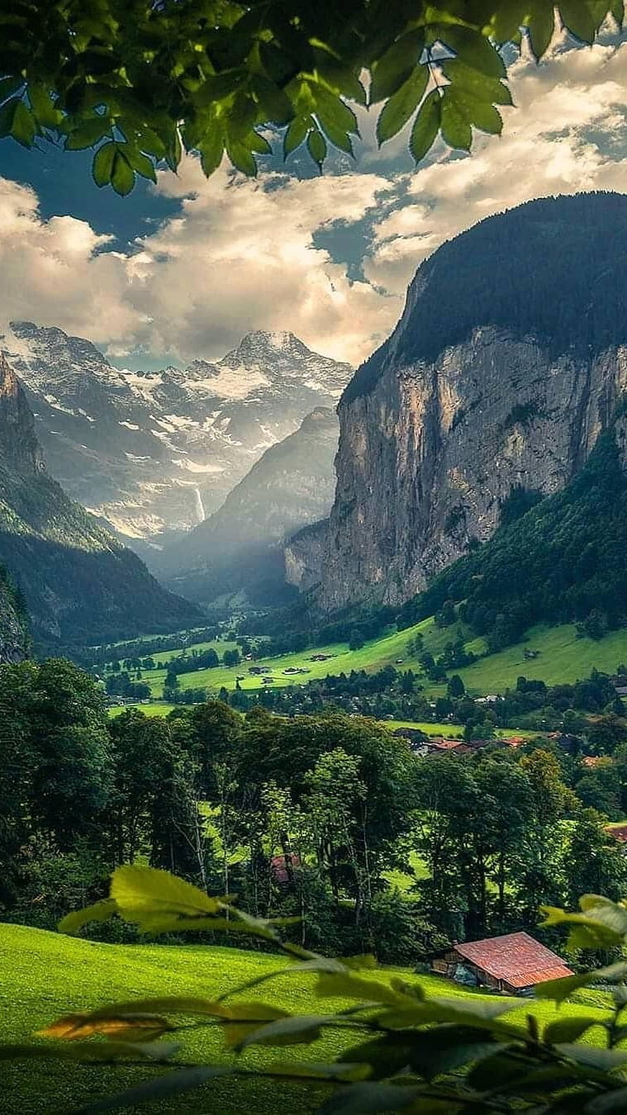 Majestic Alpine Valley with Snow-Capped Peaks and Lush Green Meadows HD phone wallpaper