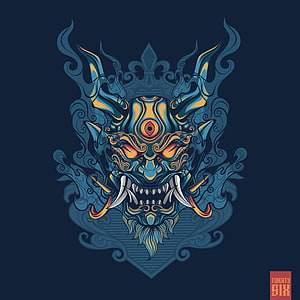 Blue and Gold Oni Mask Illustration with Third Eye and Horns HD wallpaper