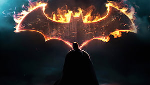 Batman Silhouette Standing Before Massive Burning Bat Symbol in Dark Smoke, Batman Dark Knight Fire Logo - Batman For Pc - HD wallpaper