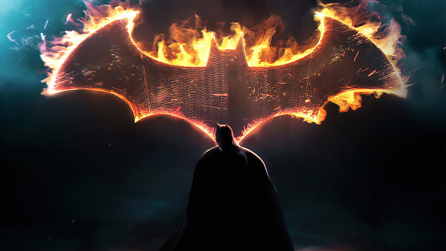 Batman Silhouette Standing Before Massive Burning Bat Symbol in Dark Smoke, Batman Dark Knight Fire Logo - Batman For Pc - HD wallpaper