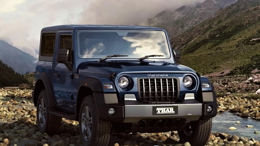 Mahindra Thar Blue SUV Off-Road Adventure in Mountain River Landscape HD wallpaper