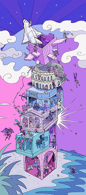 JoJo's Bizarre Adventure Surreal Tower Illustration with Space Shuttle and Diverse Characters HD phone wallpaper