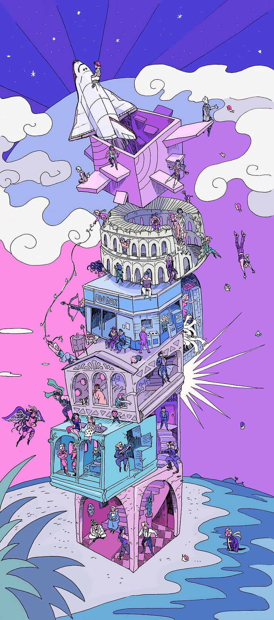 JoJo's Bizarre Adventure Surreal Tower Illustration with Space Shuttle and Diverse Characters HD phone wallpaper