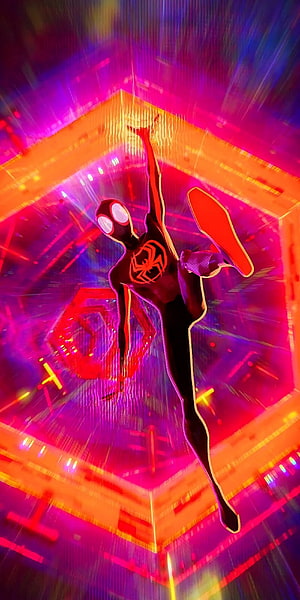Miles Morales Spider-Man swinging through a neon geometric tunnel in vibrant pink and orange hues, Spider Man Across The Spider Verse [] : R ComicWalls, Spider Man Purple HD phone wallpaper