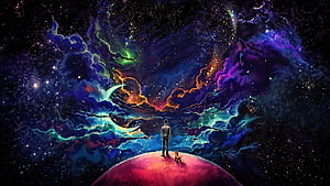 Man and Dog Gazing at Vibrant Cosmic Nebula on a Pink Planet, Man and dog, outdoor, clouds, fantasy, art, dark HD wallpaper