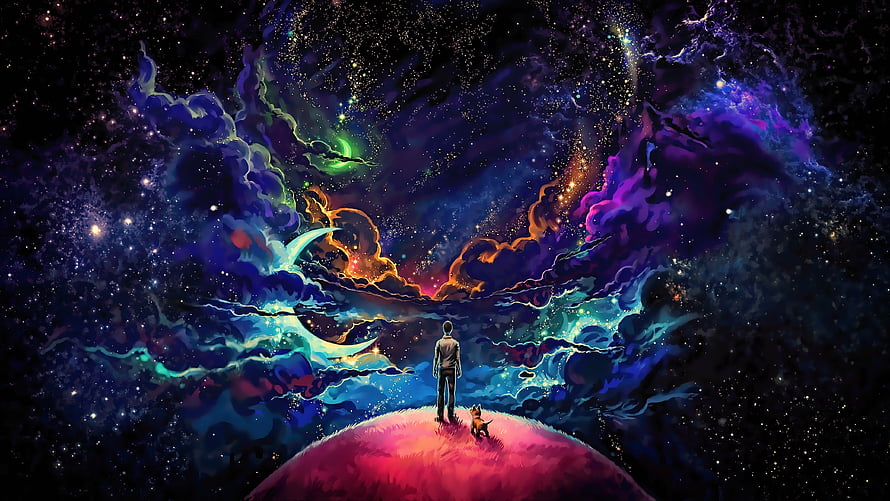Man and Dog Gazing at Vibrant Cosmic Nebula on a Pink Planet, Man and dog, outdoor, clouds, fantasy, art, dark HD wallpaper